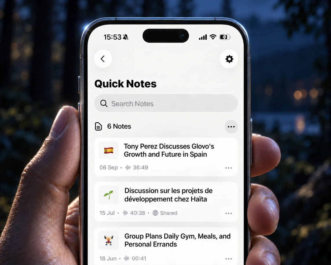 Overo AI note taker iPhone app recording a meeting with live transcription