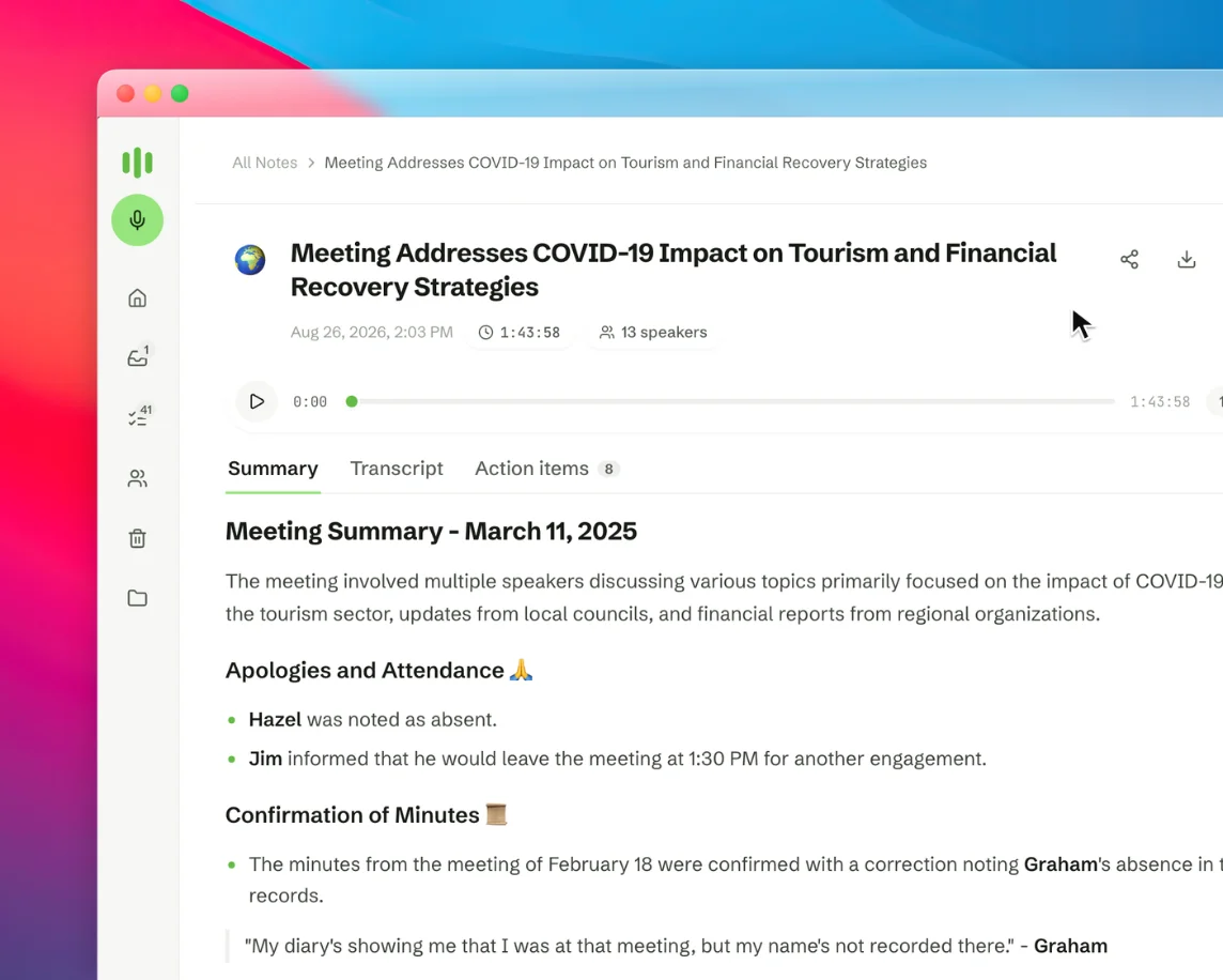 Overo AI note taker web app showing a meeting transcript with speaker labels and an AI summary
