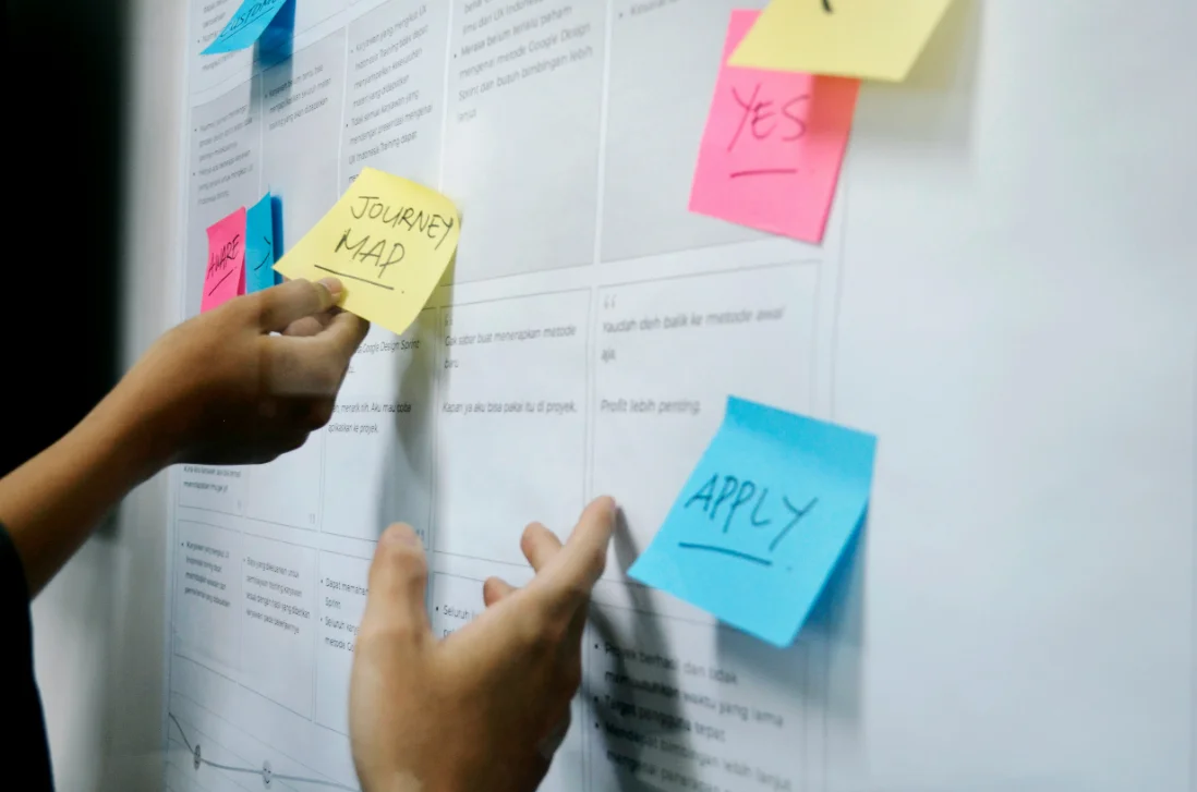 A team at a whiteboard after a meeting
